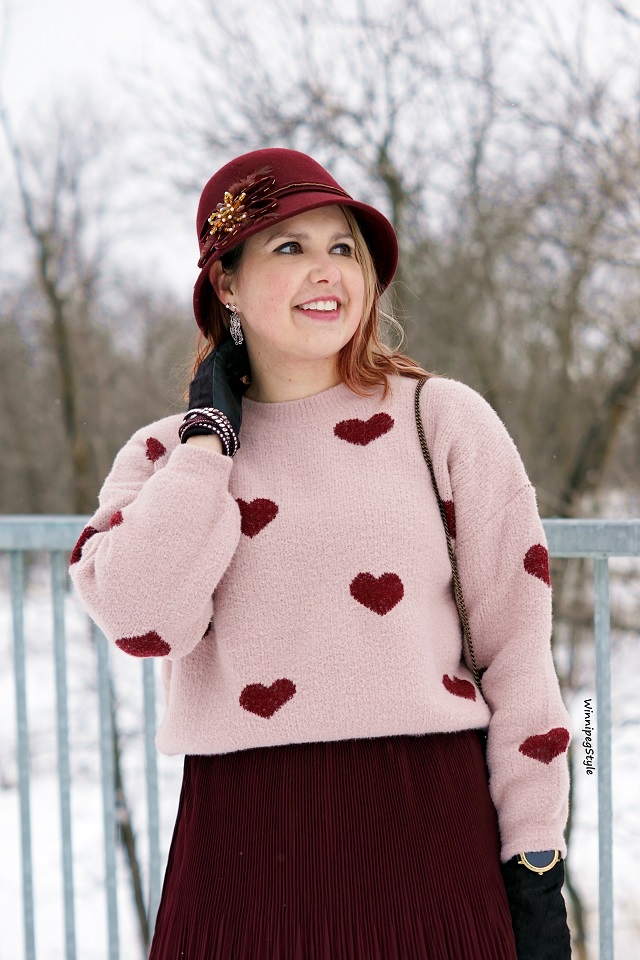 Winnipeg Style Fashion style blog, Personal shopping consultant, Chicwish cropped heart print sweater jumper, Forever 21 pleated satin short skirt, Mary Frances Accessories Best Seller book beaded clutch bag crossbody, Julie Pedersen designer urban mukluks muckies mocassin boots, Canadian winter chic style, 2019, burgundy and baby pink